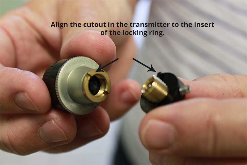 Make sure that the locking ring's insert is facing outward once on the valve stem.